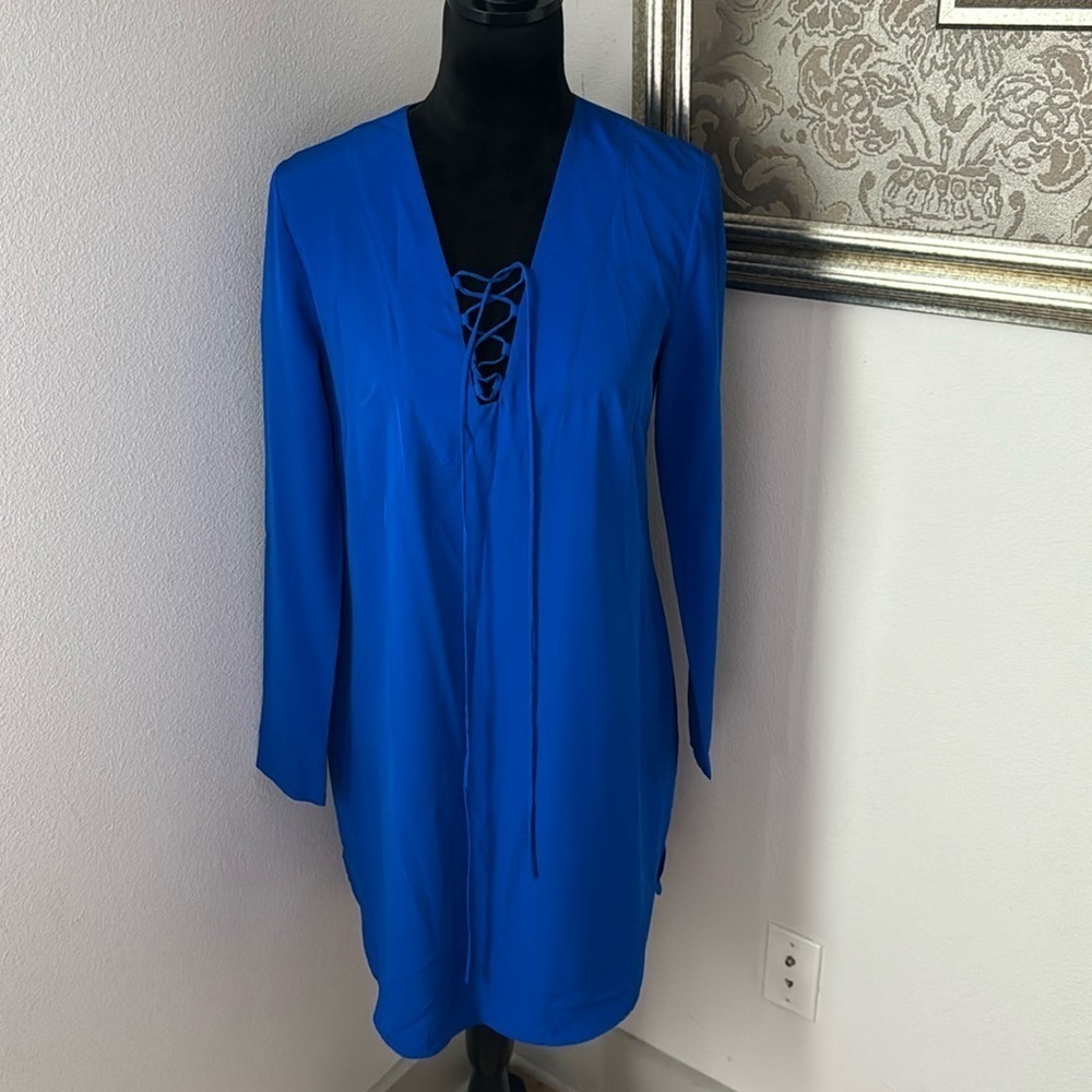 Amanda Uprichard Royal Blue lace up front shirt dress lightweight long sleeves S